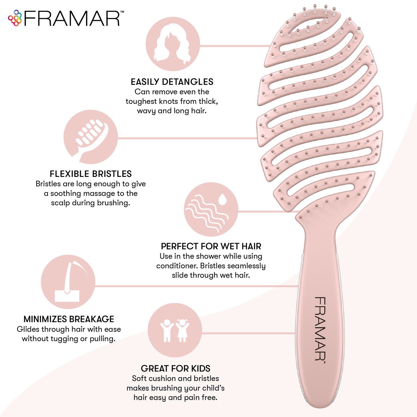 FRAMAR Flex Brush For Hair, Vented Hair Brush Detangler Rosé