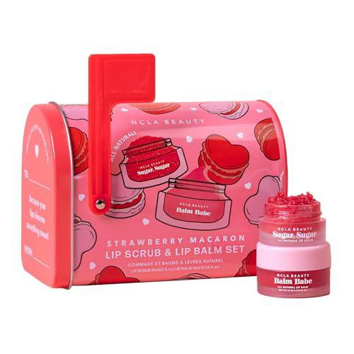 NCLA Beauty Lip Care Set - Lip Scrub and Balm - Exfoliates and Moisturizes - Notes of Strawberries and Black Currant - Strawberry Macaron