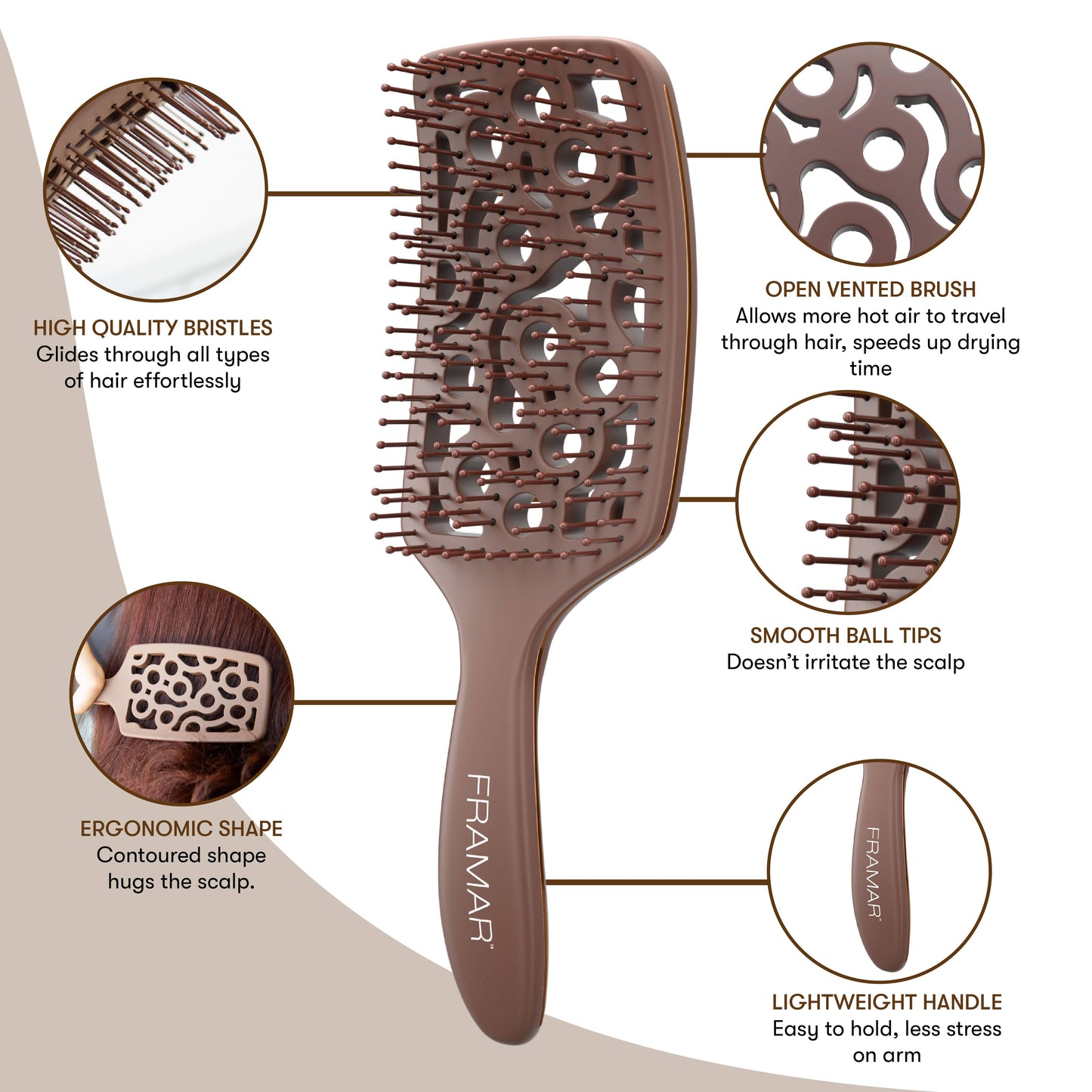 FRAMAR Vented Hair Brush For Blow Drying, Vent Brush - Brown