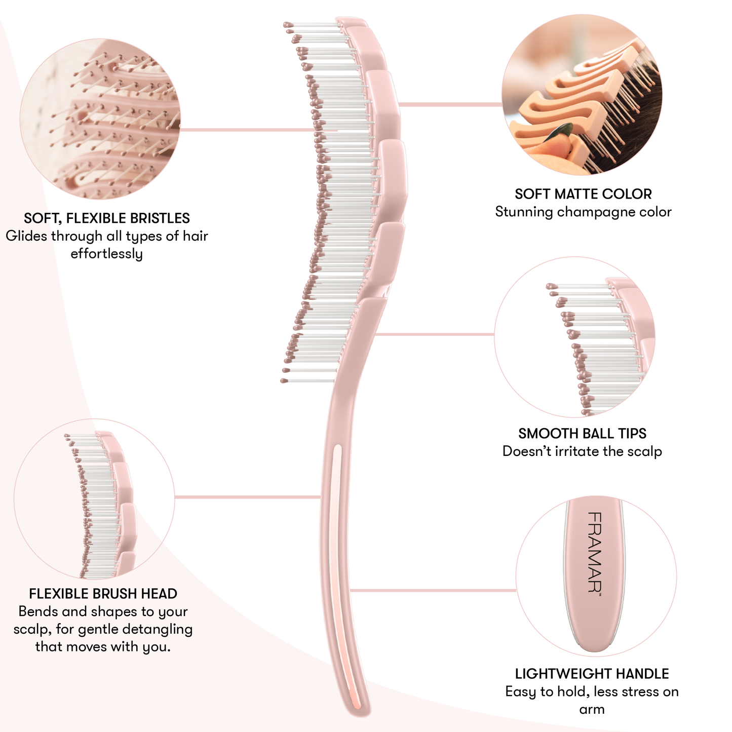 FRAMAR Flex Brush For Hair, Vented Hair Brush Detangler Rosé