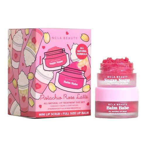 NCLA Beauty Lip Care Set - Lip Scrub and Balm - Exfoliates and Moisturizes - Notes of Milk, Coconut, Rose - Vegan - Pistachio Rose Latte