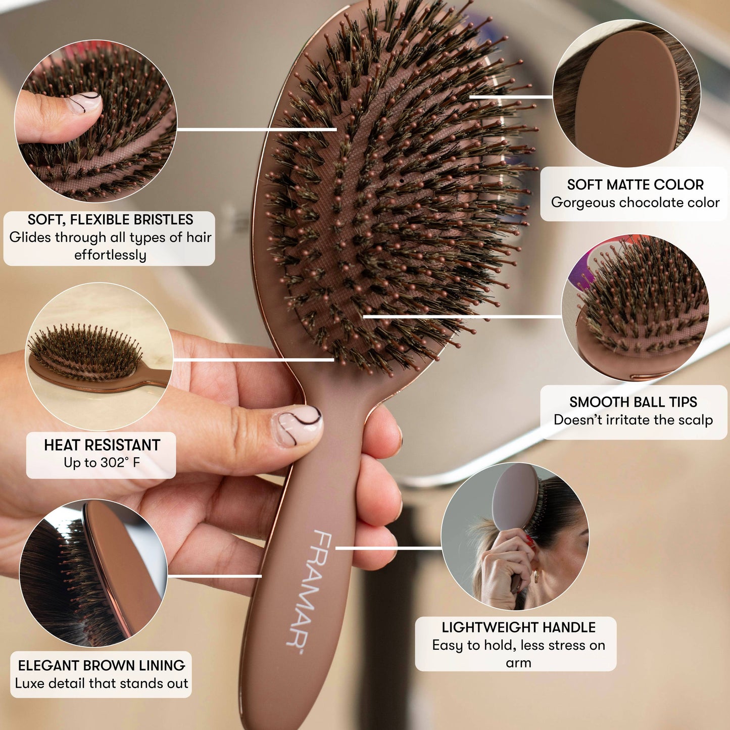 FRAMAR Boar Bristle Hair Brush, Boar Brush For Hair - Brown
